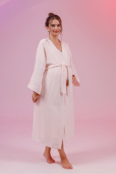 Yulem Homewear Pudra Müslin Kumaş Kruvaze Lohusa Hamile Gecelik-Sabahlık 2'li Set