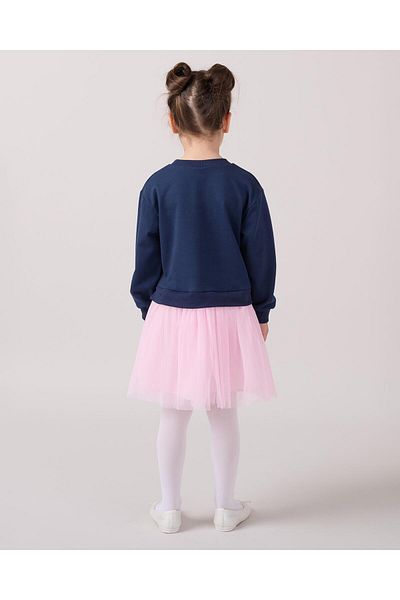 Magu Girl's Cotton Navy Blue Sweatshirt Pink Tulle Skirt Set - Cherry Applique