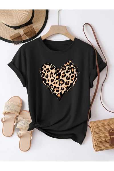 l'eivor Tricou din bumbac pentru femei cu imprimeu cu design de inimă de leopard