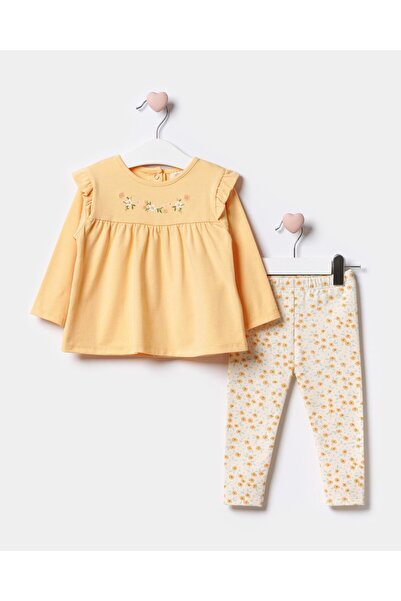 Magu Kız Çocuk Pamuklu Sarı Çiçek Nakışlı Uzun Kollu Bluz ve Desenli Tayt Takım