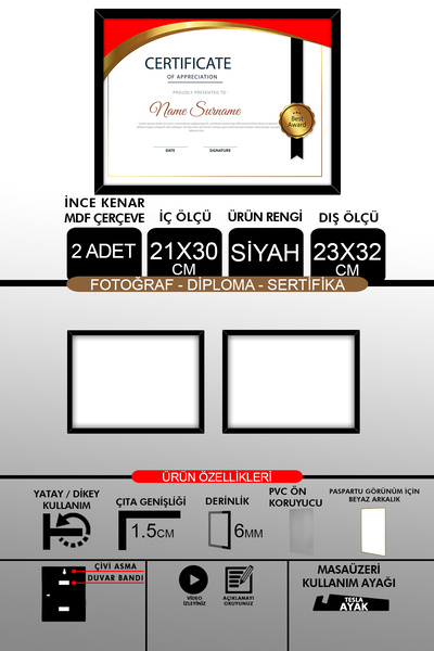 bymat 2 Pieces 21X30 Frame - A4 Frame with Thin Slats - Black Frame - Photo Certificate Frame