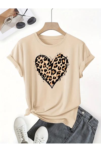 l'eivor Leopard Heart Design Printed Women's Cotton T-Shirt