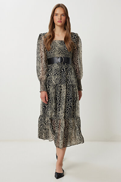 Lovelyİstanbul Rochie din șifon cu volan cu model de centură LFG0058 BLACK CREAM