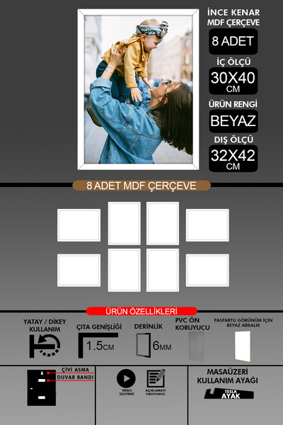 bymat 8 Pieces 30X40 Frame - Thin Slatted A3 Frame - White Frame - 6mm - Photo Frame