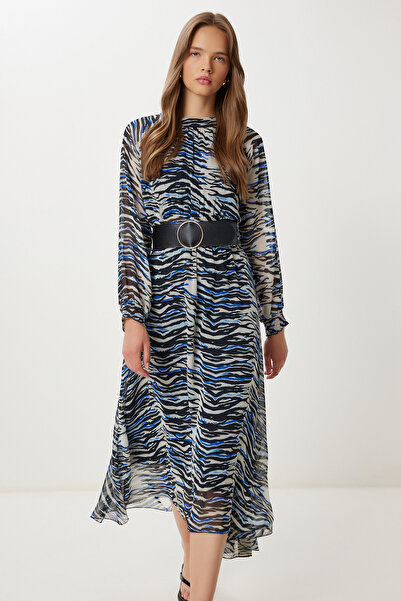 Lovelyİstanbul Φόρεμα σιφόν με μοτίβο με ζώνη LFG0070 ΜΑΥΡΟ ΚΟΚΚΑΛΙ