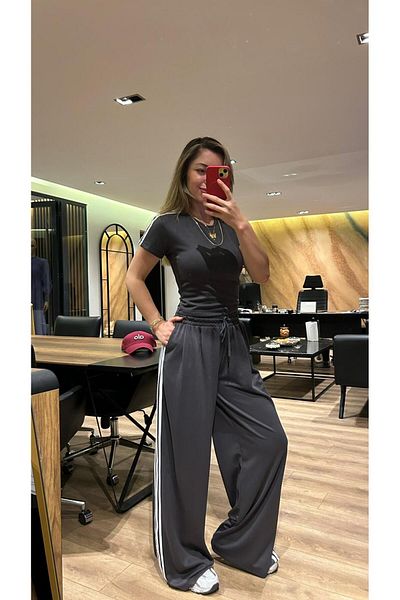QBZ Stripe Detail Crop Tee Shirt Wide Leg Modal Suit