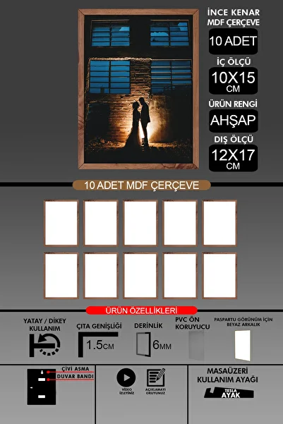 Bytwo 10 Pieces 10X15 Frame - Thin Slatted Frame - Wooden Frame - 6mm Frame - Photo Frame