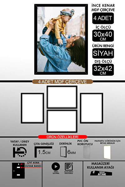bymat 4 Adet 30x40 Çerçeve - İnce Çıtalı A3 Çerçeve - Siyah Çerçeve - 6mm - F...
