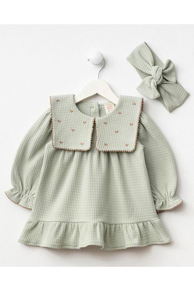 Magu Girl's Cotton Mint Heart Embroidered Fishtail Collar Dress and Headband Set