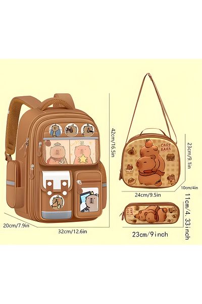 kardelen kırtasiye Capybara Children's Orthopedic Multi-Compartment School Bag Nutrition and Pen Holder Set of 3 Capybara Badge Gift