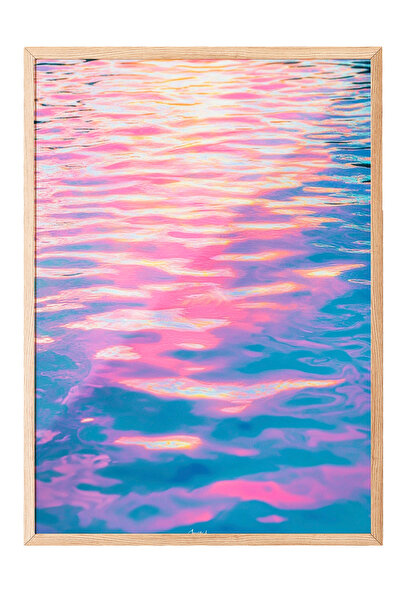 Zestia Tablou cu ramă din lemn, artă abstractă cu valuri roz albastre, poster...