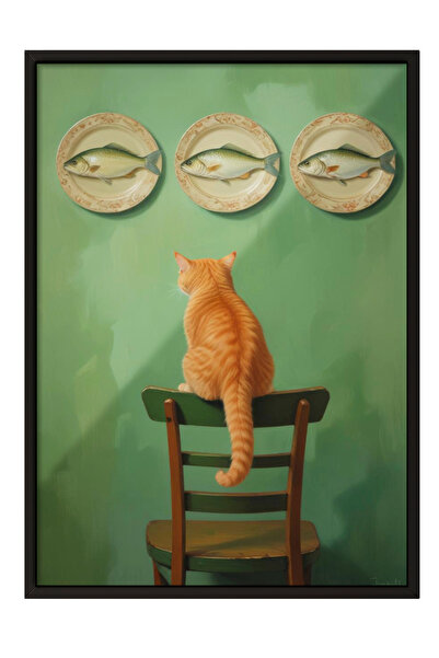 Zestia Tablou înrămat negru, pisică pe un scaun – fundal verde, poster decora...
