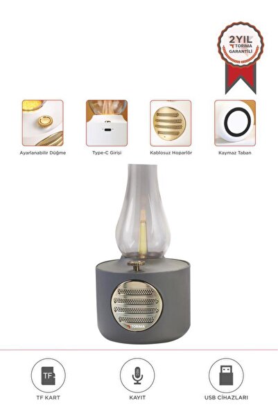 Torima Bluetooth Hoparlör Vintage Gaz Lambası Işıklı Şarjlı Speaker D53 Gri