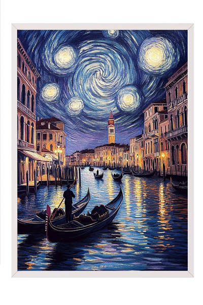 Zestia Tablou înrămat alb, interpretare a nocii înstelate pe coastă în stil V...