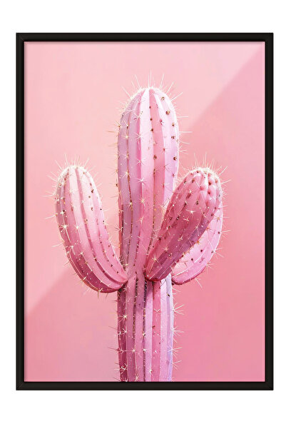 Zestia Tablou cu ramă neagră, desen minimalist cu cactus roz, poster decorati...