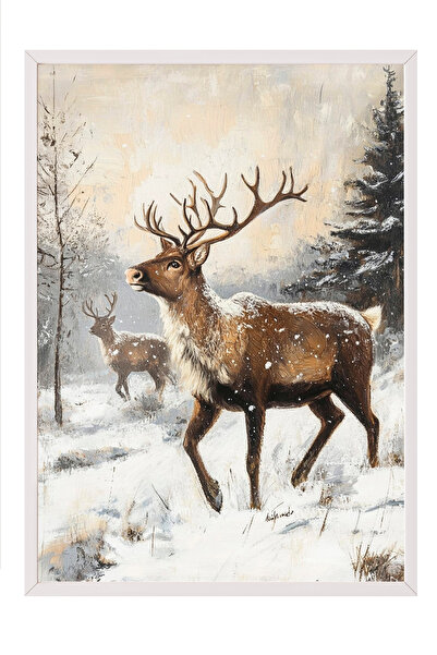 Zestia Tablou înrămat alb, stil pictură în ulei cu cerb și pădure, poster dec...