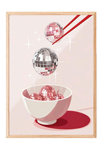 Zestia Ahşap Çerçeveli Tablo, Üçlü Tatlı Kup – Pembe Arka Plan, Mutfak Dekoru...