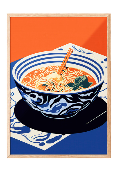Zestia Tablou cu ramă din lemn, ilustrație în stil japonez cu bol de ramen, p...