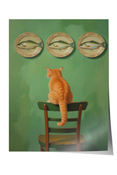 Zestia Poster fără ramă, pisică pe scaun – fundal verde, poster decorativ pen...