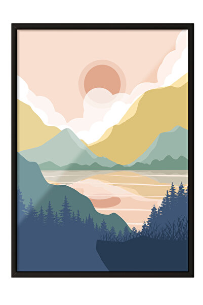 Zestia Tablou înrămat negru, desen minimalist cu peisaj montan portocaliu, po...