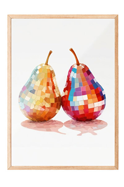 Zestia Tablou cu ramă din lemn, Ilustrație minimalistă cu pere strălucitoare,...