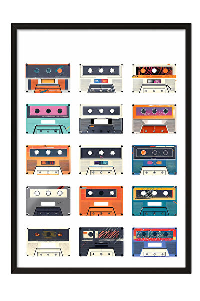 Zestia Tablou cu ramă neagră, ilustrație cu casete colorate – Stil retro, dec...