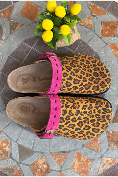 TR Lemoors Mary Jane Doğal Mantar Taban Hakiki Süet Deri Leopar Baskılı Sabo Terlik