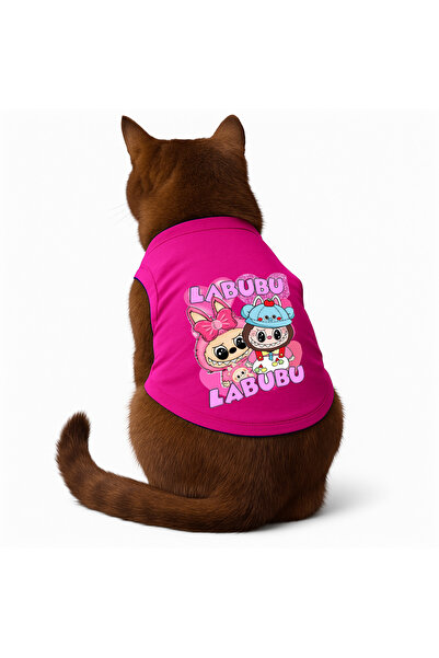 Buddy Store Cat Outfit Clothes Singlet - Colorful Labubu Printed Pink Singlet - Size L