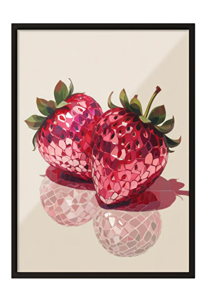 Zestia Siyah Çerçeveli Tablo, Kristalize Çilek İllüstrasyonu, Mutfak Dekoru P...