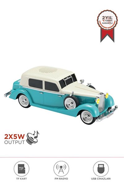 Torima D55 Turkuaz Retro Araba Tasarımlı Bluetooth Hoparlör 2x5W FM + USB + T...