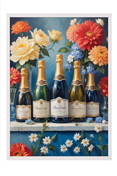 Zestia Tablou înrămat alb, sticle de vin și flori, poster decorativ pentru ca...