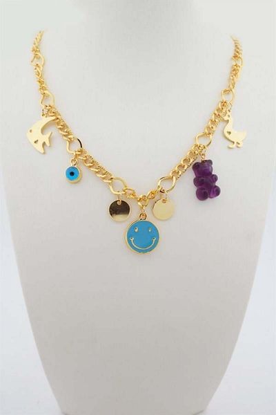 By Zeyna Aksesuar Women's Special Design Plum Color Mixed Figured Evil Eye Necklace