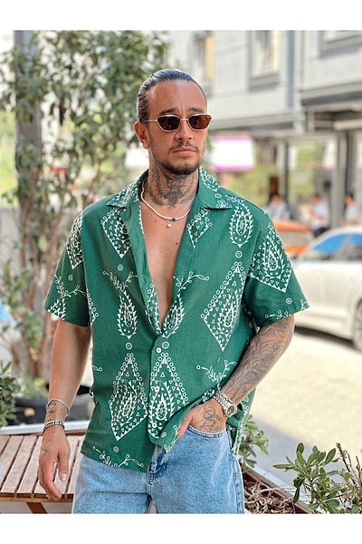 manch collection Short Sleeve Patterned Linen Shirt Green
