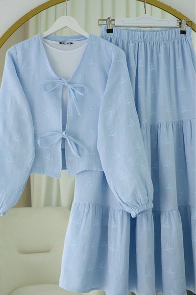 Modamorfo Muslin Set with Lace-Up Front and Embroidery Detail Skirt - Baby Blue