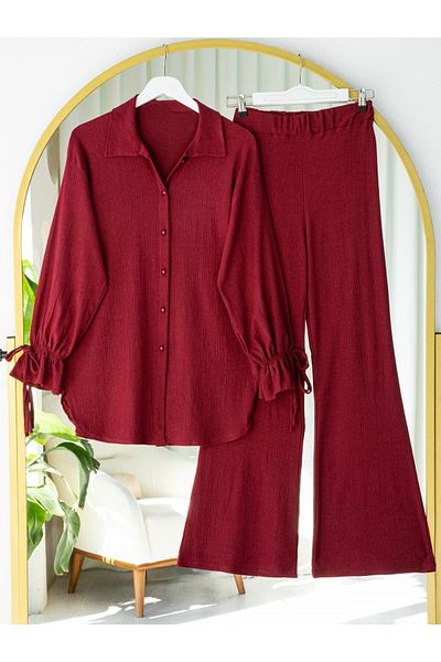 Modamorfo Top Buttoned Sleeve Lace-Up Crinkle Suit - Burgundy
