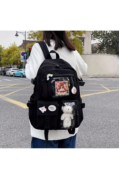 Minga London Kawaii Japanese Style School Backpack with Accessories and Teddy Bear Black -Minga London