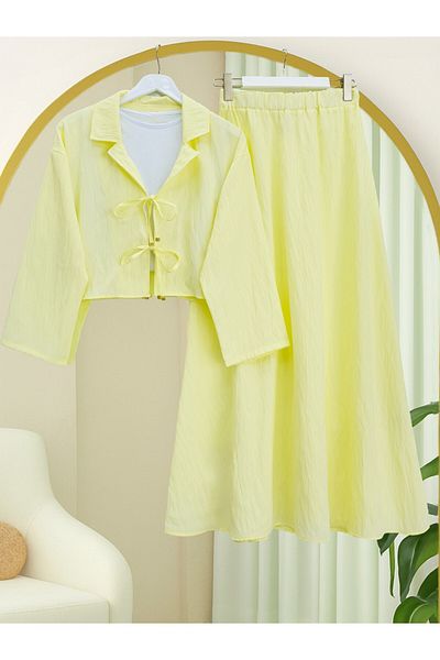 Modamorfo Double Breasted Collar Double Lace Skirt Suit - Light Yellow