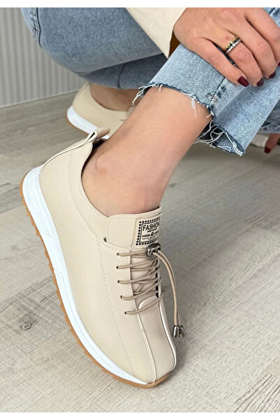 ETİLER COLLECTION Monya Beige Leather Lace-Up Sneakers