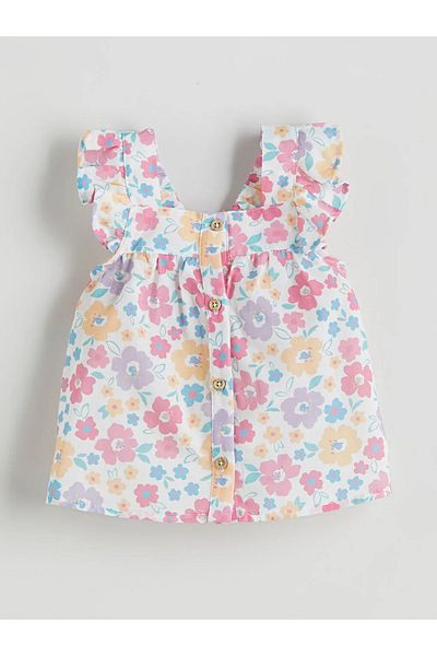 LC Waikiki Lcw Baby Beige Square Collar Floral Baby Girl Blouse and Shorts 2-Pack