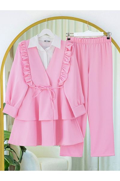 Modamorfo Kimono Suit with Ruffled Front, Lace-Up Skirt and Layered Trousers - Pink