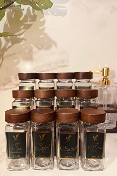 silvia home decor مجموعة من 12 وعاء توابل زجاجي مربع الشكل مع أغطية أكاسيا / ...