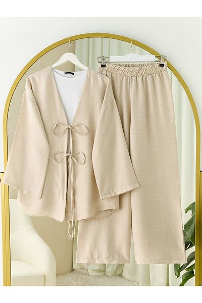 Modamorfo Kimono Suit with Double Tie Front Trousers - Stone