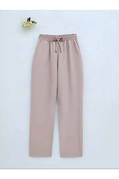 Modamorfo Double Pocket Elastic Waist Lace Detailed Trousers - Stone