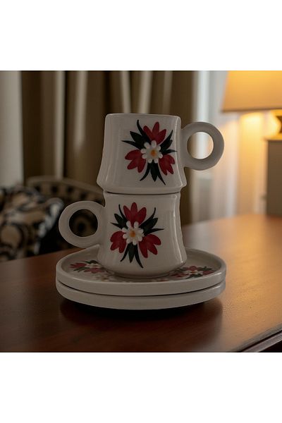 Çiporcal Red Crocus Flower 2 Pcs Turkish Coffee Cup Set
