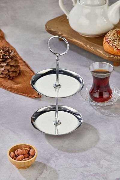 Milenay Palace Chrome Two-Tier Snack Bowl, Dessert and Turkish Delight Presentation Bowl