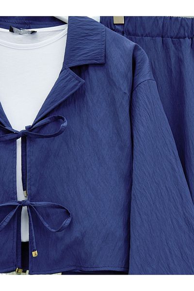 Modamorfo Double Breasted Collar Double Lace Skirt Suit - Navy