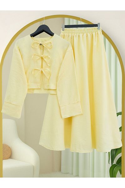 Modamorfo Linen Suit with Lace Front and Elastic Waist Skirt - Yellow