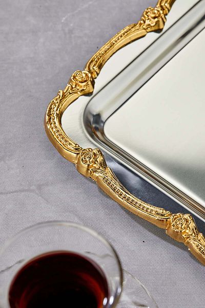Turkco Square Frame Series Metal Presentation Promise Engagement Tray, Silver Tray Gold Accessory