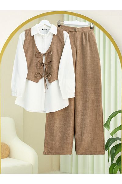 Modamorfo Set de două piese vestă și pantaloni cu legături în față - maro