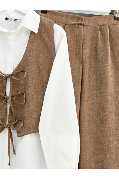 Modamorfo Tie Front Vest Trousers Double Set -Coffee